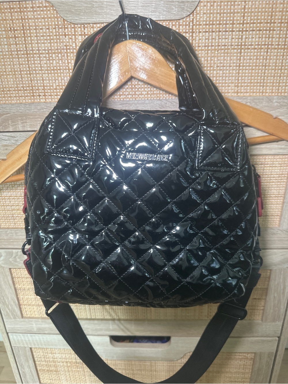 MZ Wallace Black Quilted Patent Nylon Tote with Shoulder Strap